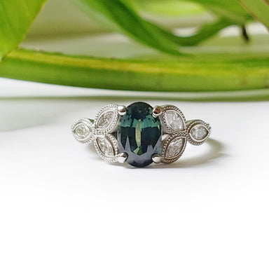 14kt white gold oval blue green Australian sapphire marquis diamonds millgrain vintage style leafy floral engagement ring era design vancouver