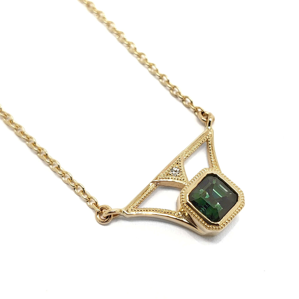 10kt yellow gold necklace with asscher cut green sapphire and diamond accent