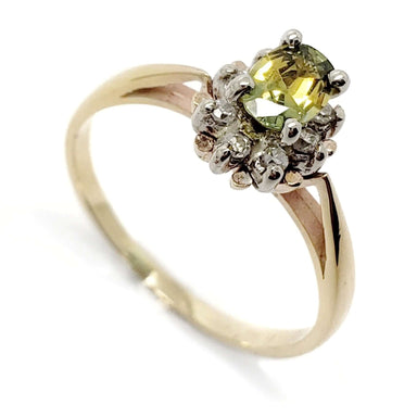 10kt yellow gold ring with oval bi-colour green sapphire and diamond halo, angled view