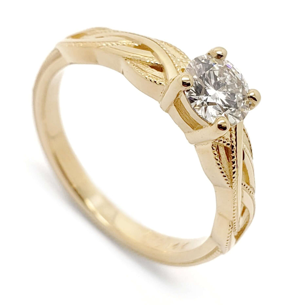14K yellow gold engagement ring with round lab-grown diamond and woven millgrain detail