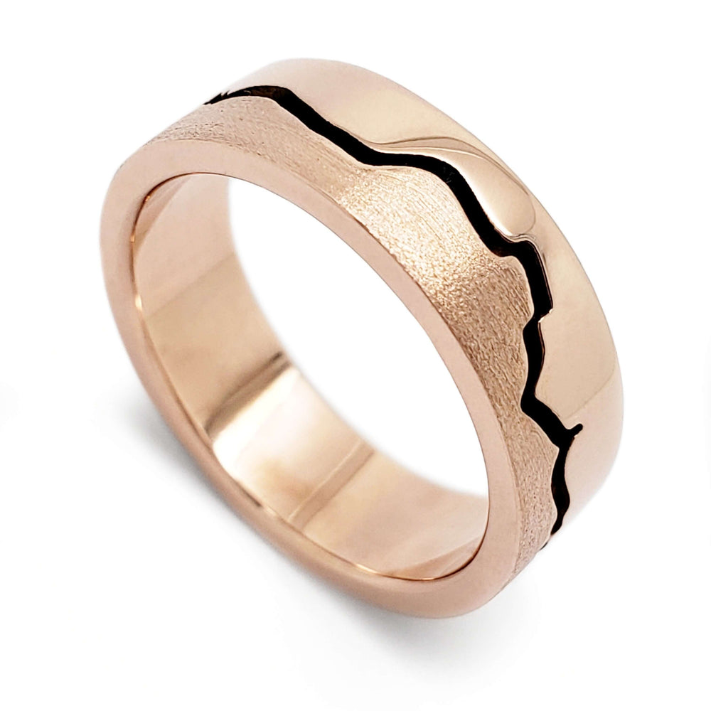 14k rose gold wedding ring with blackened mountain range design and mixed textures