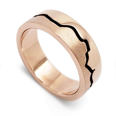14k rose gold wedding ring with blackened mountain range design and mixed textures