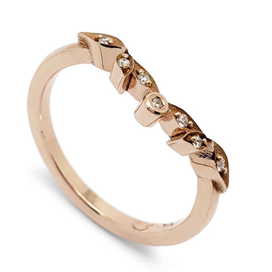 14k rose gold wedding ring with leaf motif and pave-set Canadian diamonds