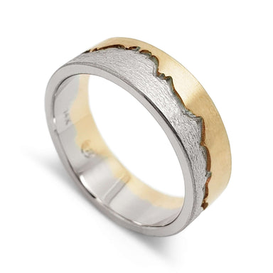 14k white and yellow gold mountain range wedding ring with textured finish