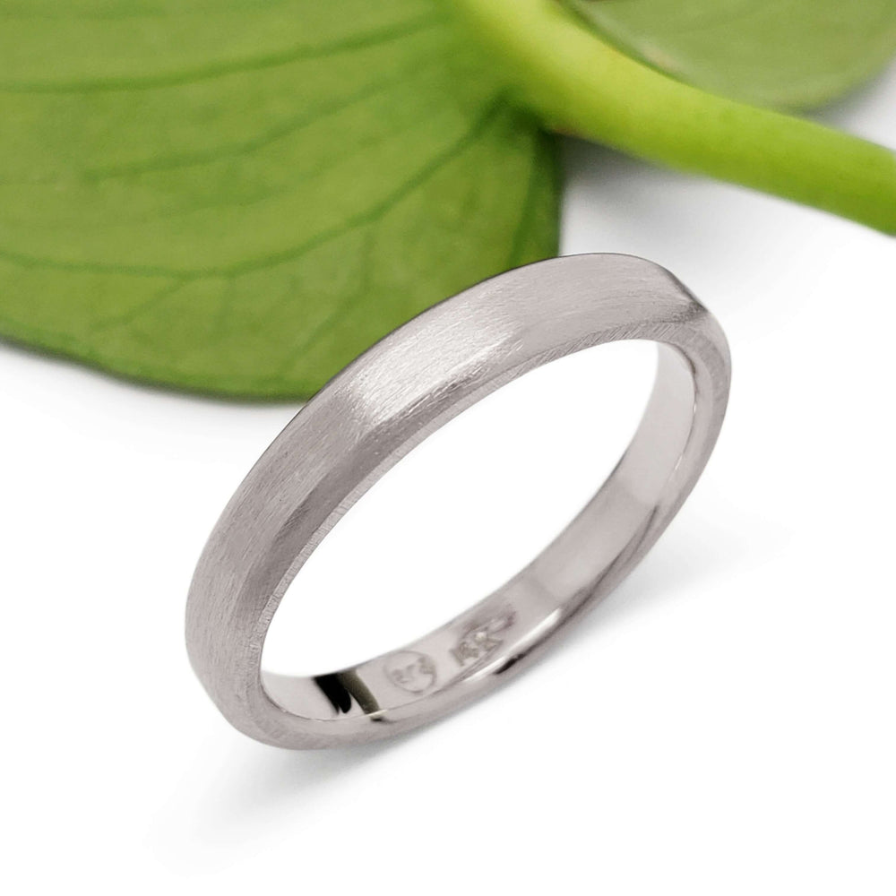 14k white gold brushed wedding ring displayed with a green leaf background