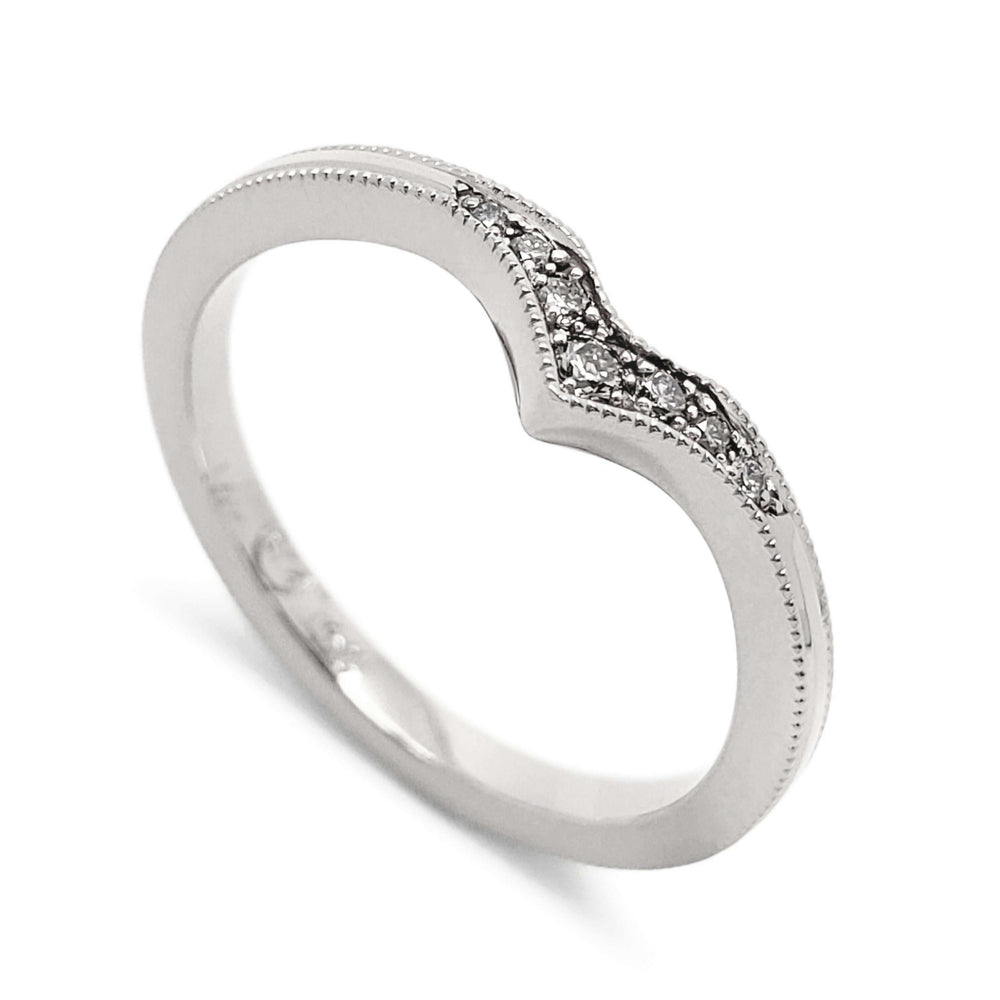 14k white gold chevron wedding ring with pave-set Canadian diamonds and millgrain detail