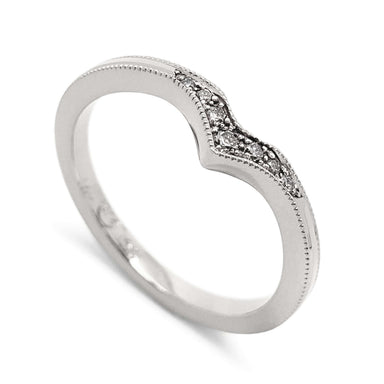 14k white gold chevron wedding ring with pave-set Canadian diamonds and millgrain detail