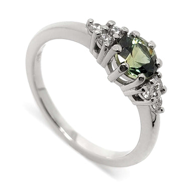 14k white gold engagement ring with green Australian sapphire and Canadian diamonds, angled view