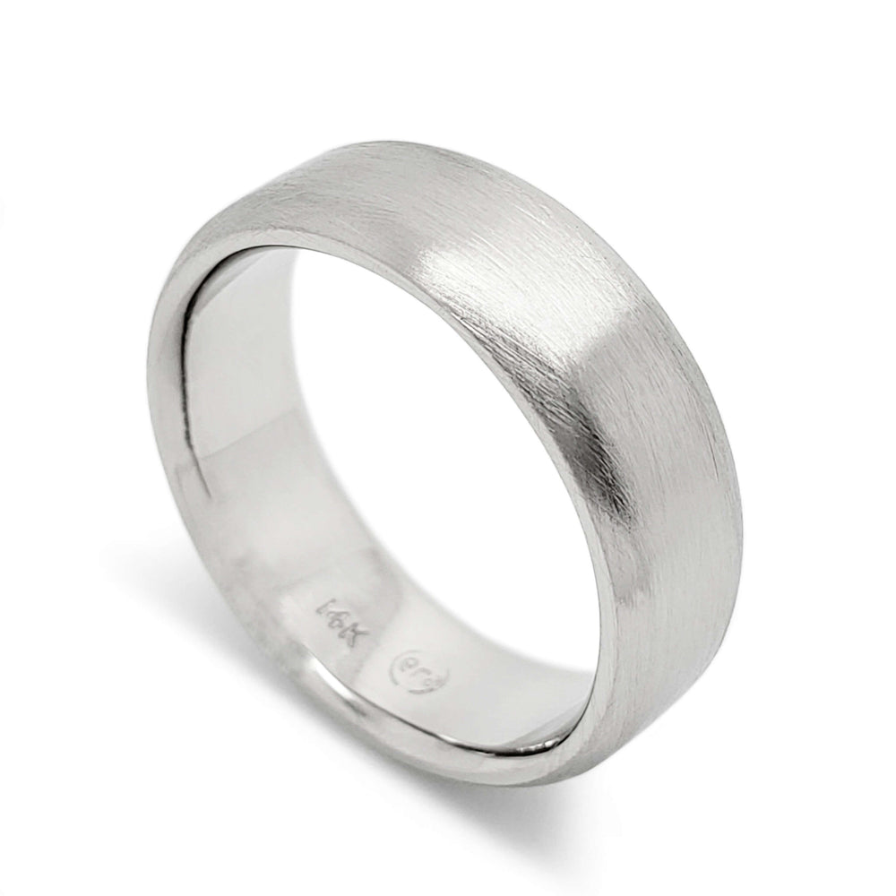 14k white gold flat wedding ring with brushed finish and rolled edge
