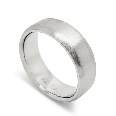 14k white gold flat wedding ring with brushed finish and rolled edge