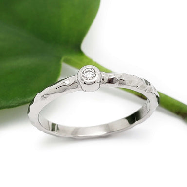 14k white gold hammered stacking ring with Canadian diamond, leaf background