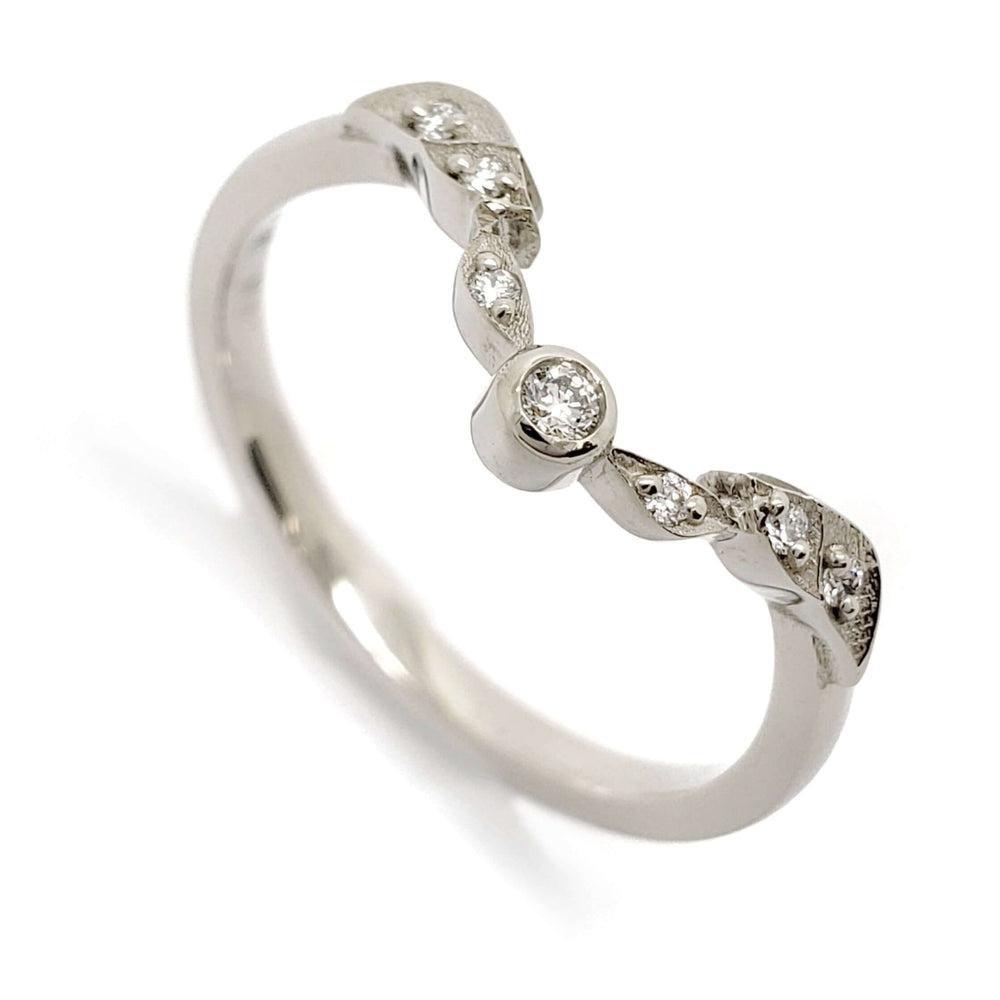 14k white gold wedding ring with bezel and pave-set lab diamonds in a leafy design