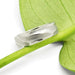 14k white gold textured wedding ring with topography pattern resting on a green leaf