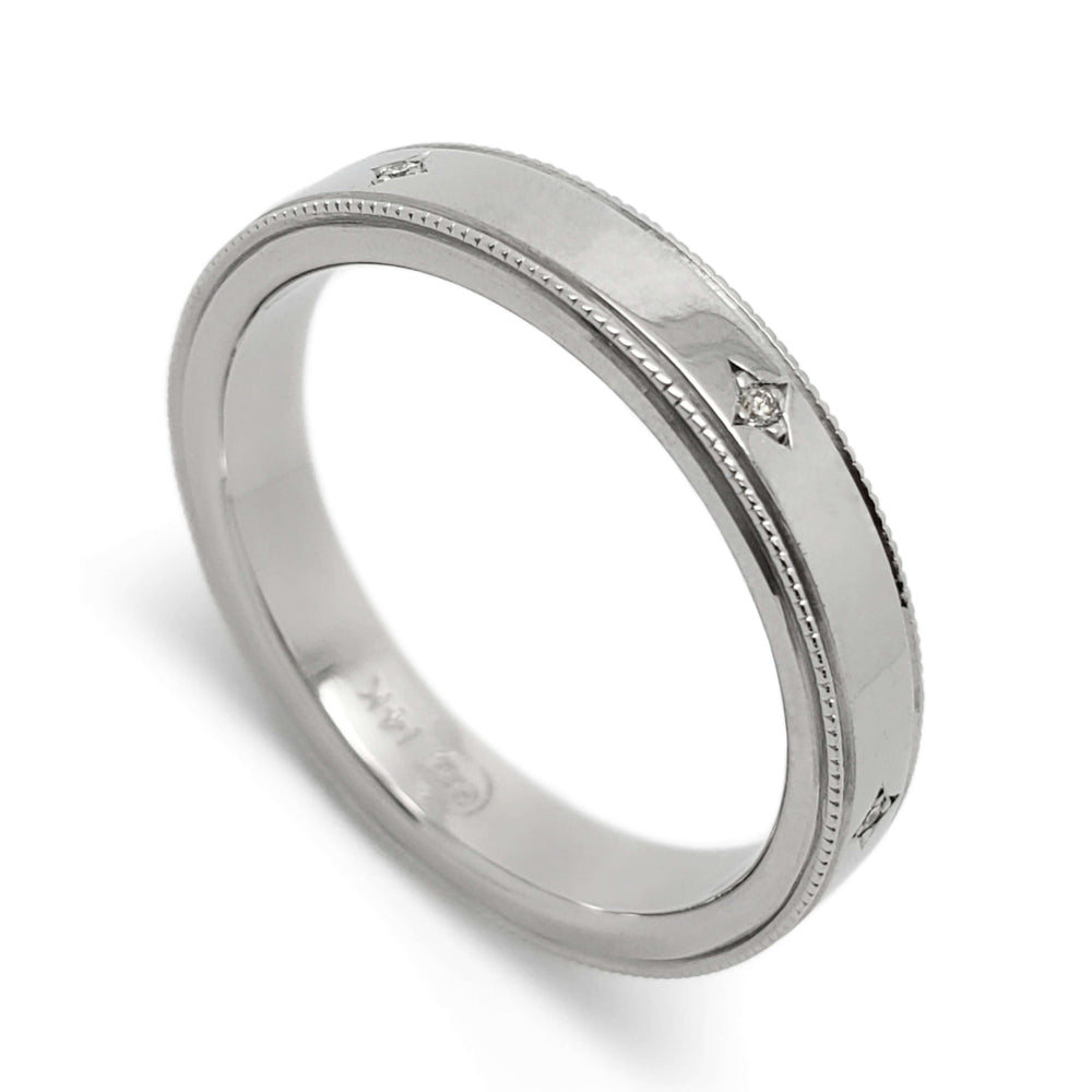 14k white gold wedding ring with pave-set Canadian diamonds and millgrain edge