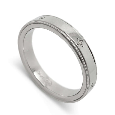 14k white gold wedding ring with pave-set Canadian diamonds and millgrain edge