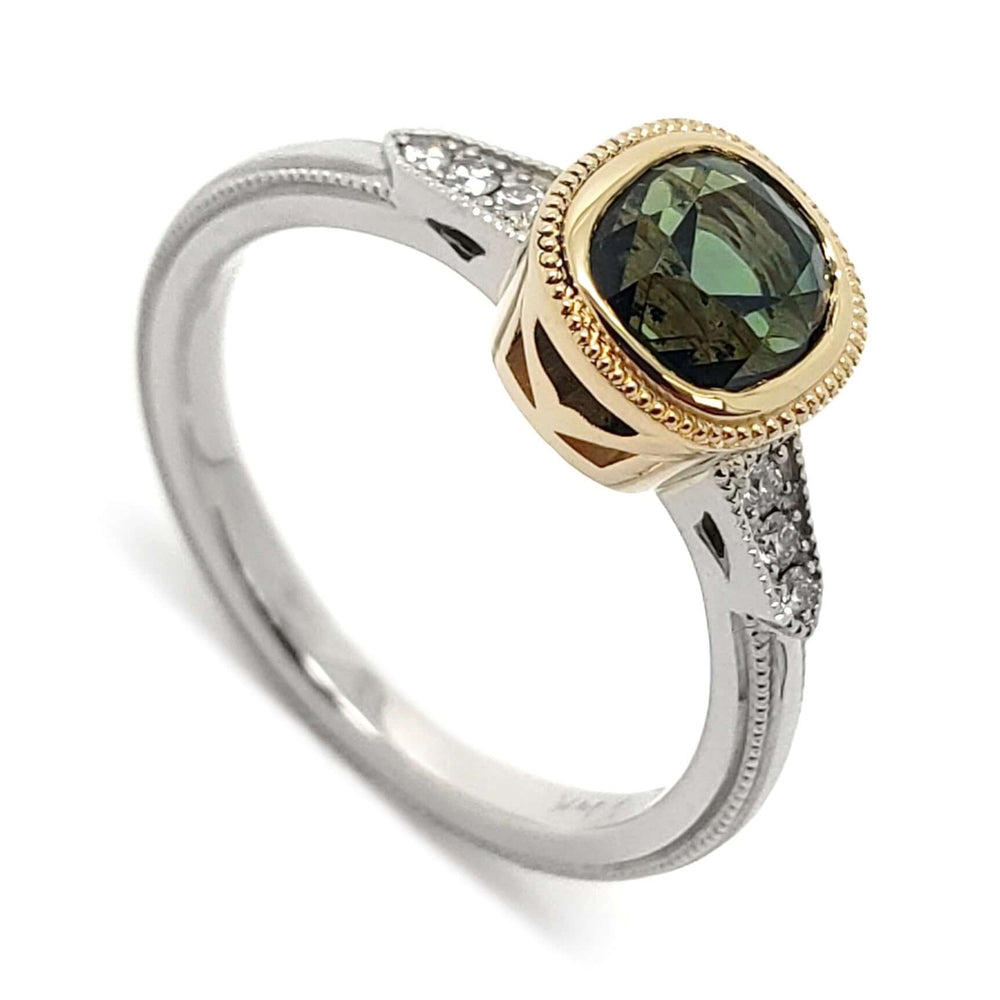 14k yellow and white gold engagement ring with cushion cut green Madagascar sapphire and diamond accents