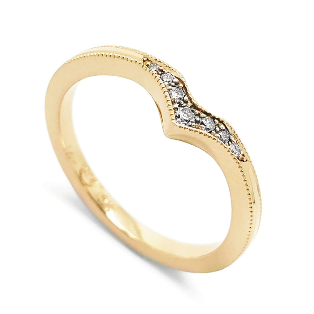 14k yellow gold chevron wedding band with pave-set Canadian diamonds and millgrain detail