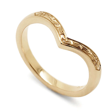 14k yellow gold chevron wedding ring with hand engraved scroll design
