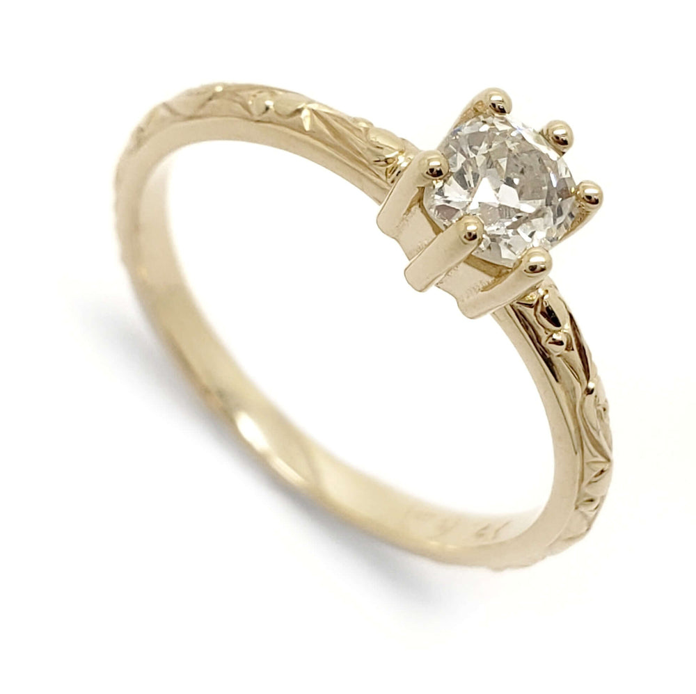 14k yellow gold engagement ring with old mine cut diamond and hand-engraved band