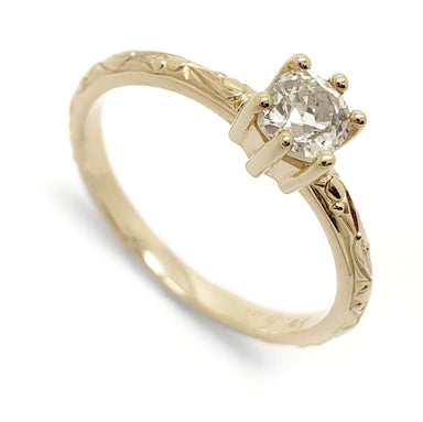 14k yellow gold engagement ring with old mine cut diamond and hand-engraved band