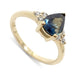 14k yellow gold ring with pear-cut blue Australian sapphire and Canadian diamonds, close up