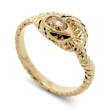 14k yellow gold snake ring with champagne diamond and ruby eyes, hand engraved scales
