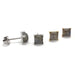 Three pairs of cushion cabochon labradorite stud earrings in white, yellow, and rose 14kt gold