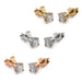 Three pairs of 14kt gold lab diamond stud earrings in yellow, white, and rose gold