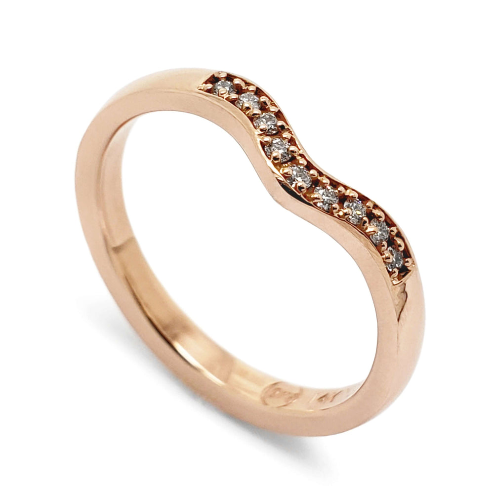 14kt rose gold chevron wedding band with pave-set Canadian diamonds