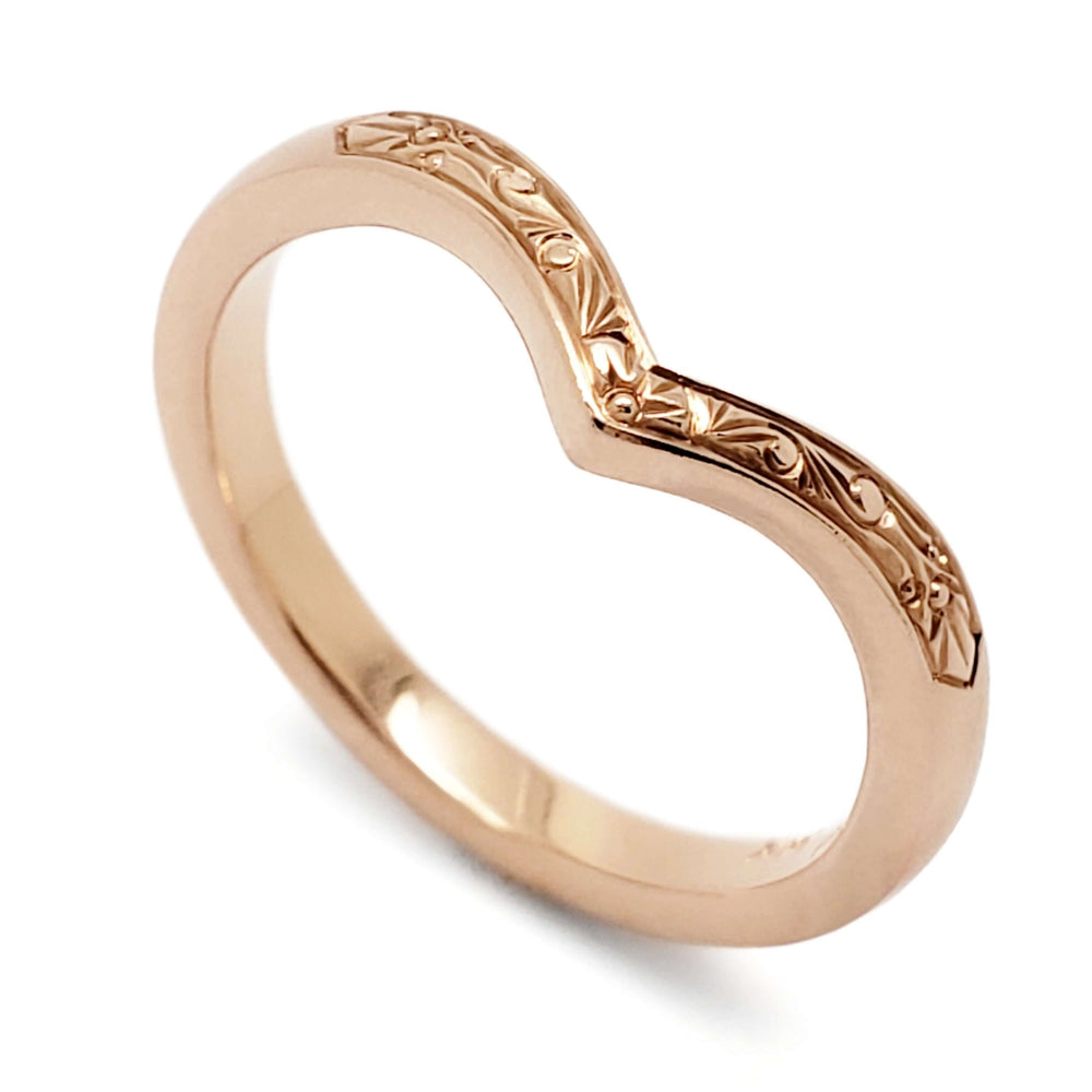 14kt rose gold chevron wedding ring with hand engraved scroll design