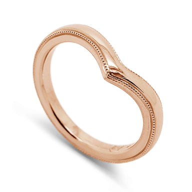 14kt rose gold chevron wedding ring with millgrain detail, high polish finish