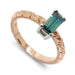 14kt rose gold engagement ring with baguette teal Australian sapphire and engraved band