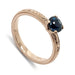 14kt rose gold engagement ring with round blue Australian sapphire, engraved and millgrain band