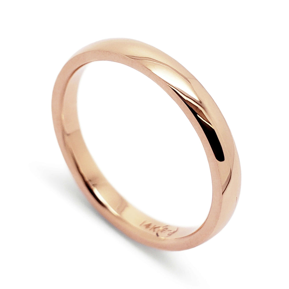 14kt rose gold low dome wedding ring with high polished finish
