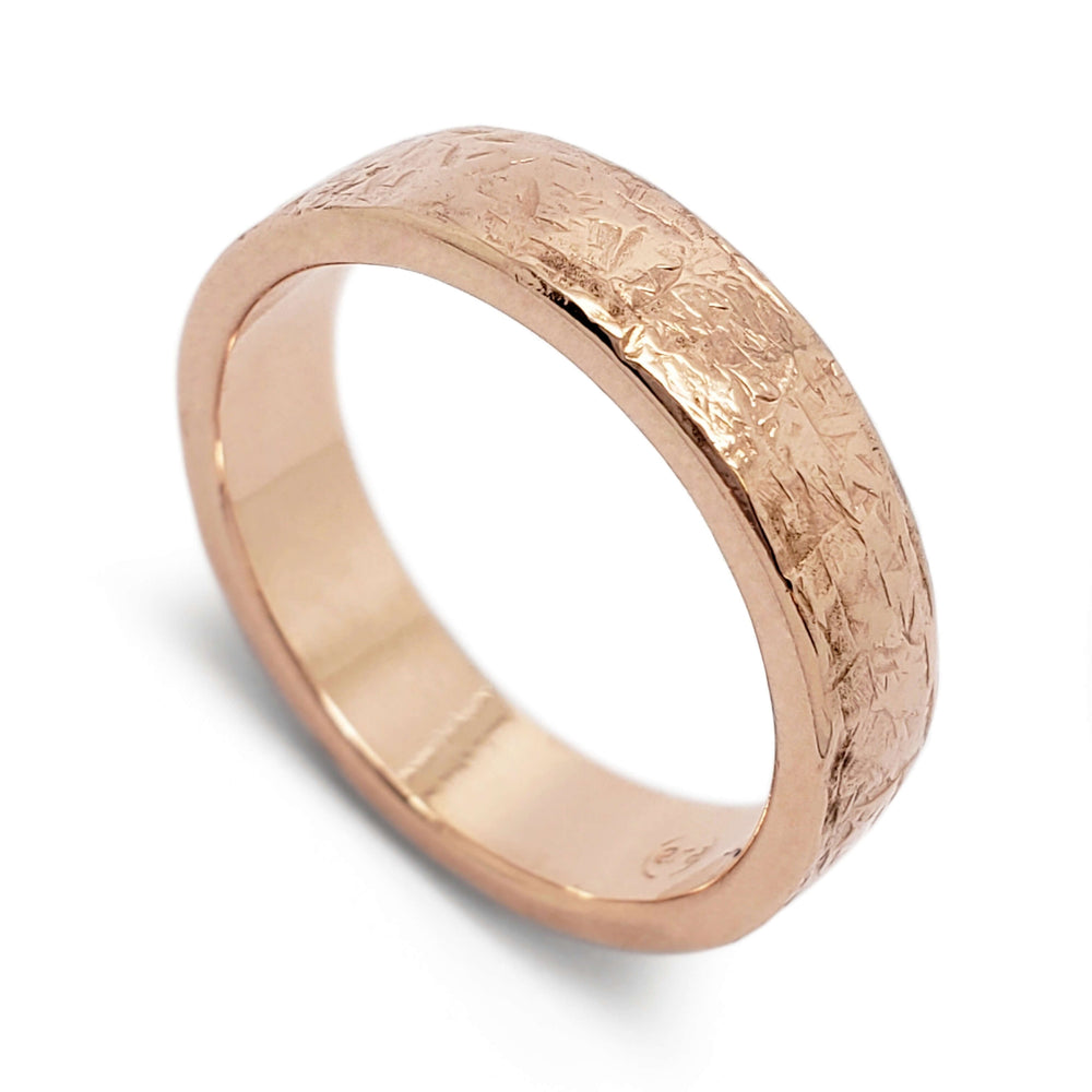 14kt rose gold wedding band with elephant skin texture, flat profile, handcrafted finish