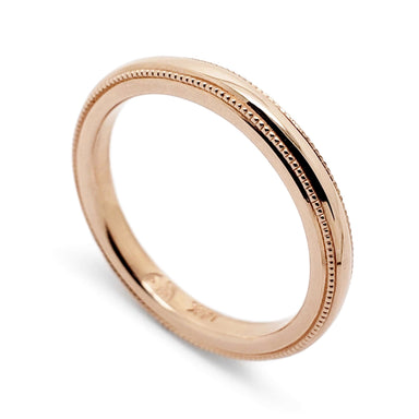 14kt rose gold wedding ring with millgrain detail, high polish finish