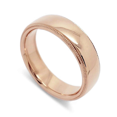 14kt rose gold wedding ring with millgrain edge and high polish finish
