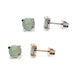 Pair of round cabochon opal stud earrings in 14kt white and rose gold settings on white background