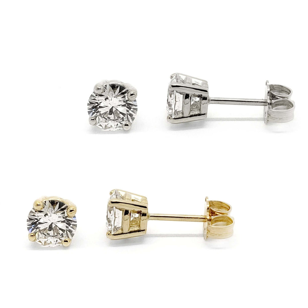 Round brilliant lab diamond stud earrings in 14kt white and yellow gold settings, side and front views