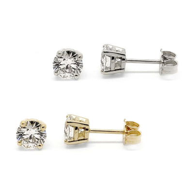Round brilliant lab diamond stud earrings in 14kt white and yellow gold settings, side and front views