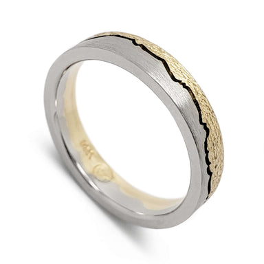 14kt white and yellow gold mountain range wedding ring with brushed and hammered textures