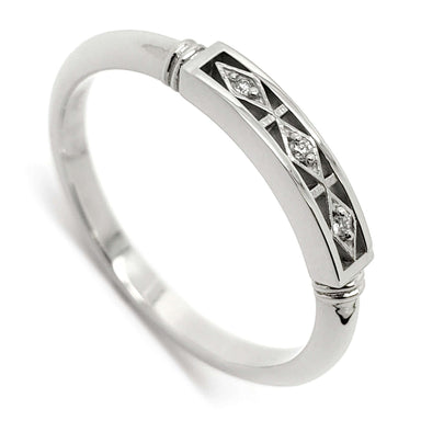 14kt white gold Art Deco wedding ring with Canadian diamonds and cutout details