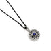 14kt white gold pendant with blue sapphire center and diamond halo on black chain