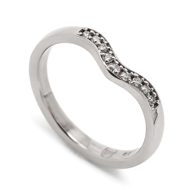 14kt white gold chevron wedding band with pave-set Canadian diamonds