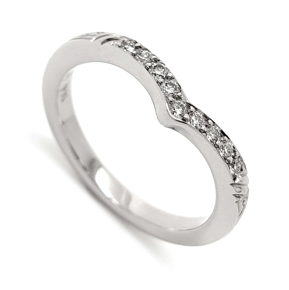 14kt white gold chevron wedding ring with pave-set Canadian diamonds and hand engraving
