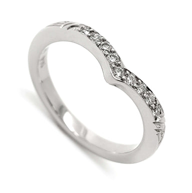 14kt white gold chevron wedding ring with pave-set Canadian diamonds and hand engraving