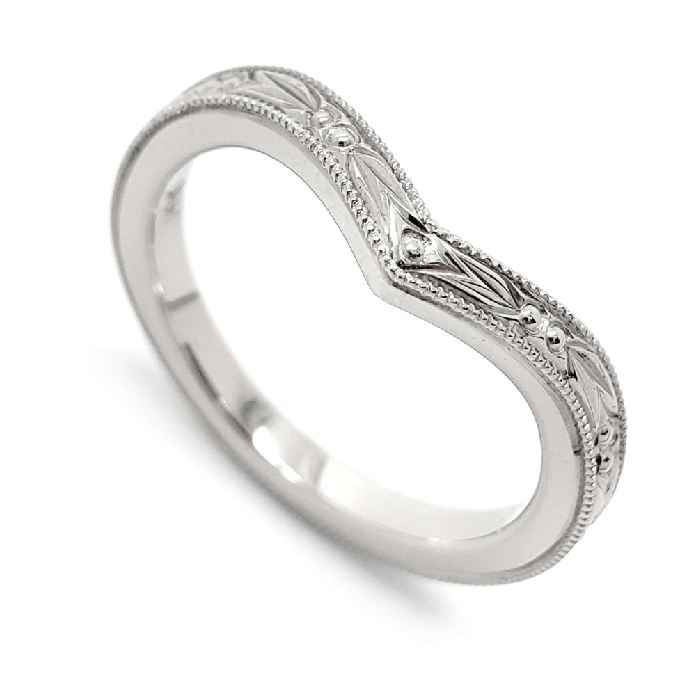 14kt white gold chevron wedding ring with hand engraved berry and leaf pattern