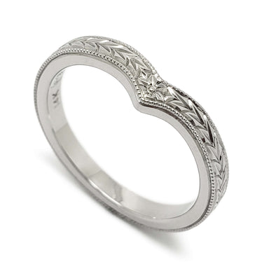14kt white gold chevron wedding ring with hand engraved floral and wheat pattern and millgrain edge