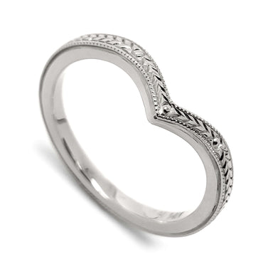 14kt white gold chevron wedding ring with hand engraved herringbone pattern