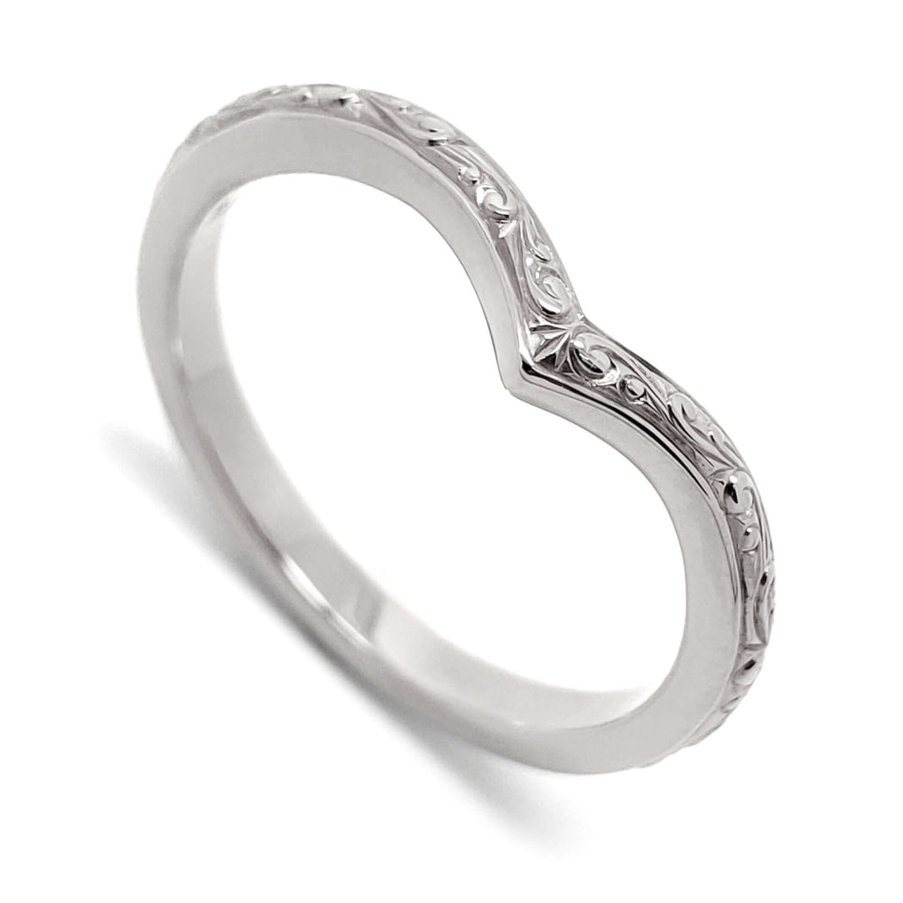 14kt white gold chevron wedding ring with hand engraving, shown on white background